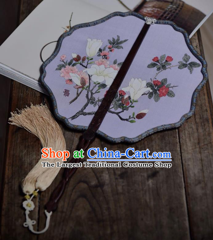 China Handmade Mangnolia Pattern Palace Fan Traditional Ming Dynasty Court Woman Fan Lilac Silk Fan