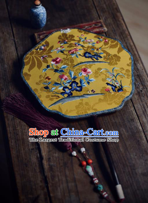 China Ancient Song Dynasty Palace Lady Fan Handmade Embroidered Palace Fan Traditional Golden Silk Fan