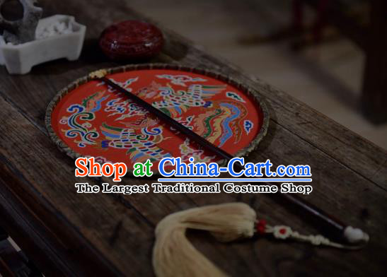 China Ancient Ming Dynasty Princess Wedding Circular Fan Handmade Clouds Phoenix Pattern Palace Fan Traditional Red Silk Fan