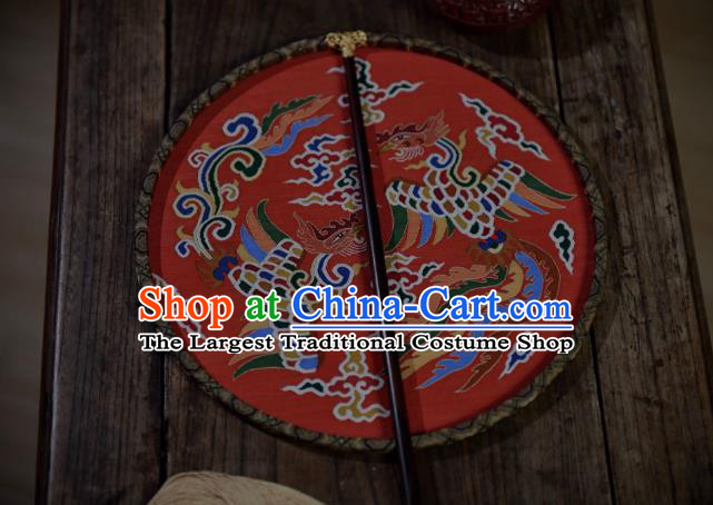 China Ancient Ming Dynasty Princess Wedding Circular Fan Handmade Clouds Phoenix Pattern Palace Fan Traditional Red Silk Fan