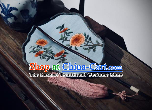 China Ancient Ming Dynasty Court Fan Handmade Pomegranate Pattern Palace Fan Traditional Blue Silk Fan
