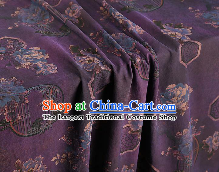China Traditional Peony Pattern Deep Purple Silk Fabric Classical Cheongsam Gambiered Guangdong Gauze Drapery