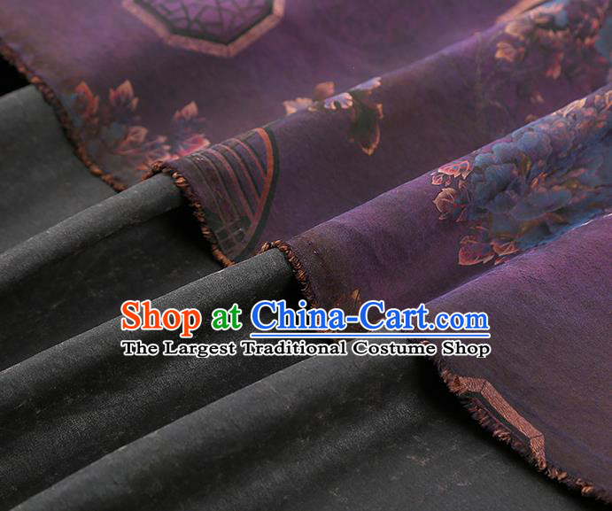 China Traditional Peony Pattern Deep Purple Silk Fabric Classical Cheongsam Gambiered Guangdong Gauze Drapery