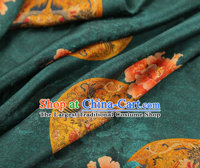 China Classical Gambiered Guangdong Gauze Drapery Traditional Cheongsam Peony Pattern Deep Green Silk Fabric