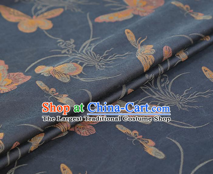 China Traditional Cheongsam Butterfly Orchids Pattern Brocade Fabric Classical Navy Gambiered Guangdong Gauze Drapery