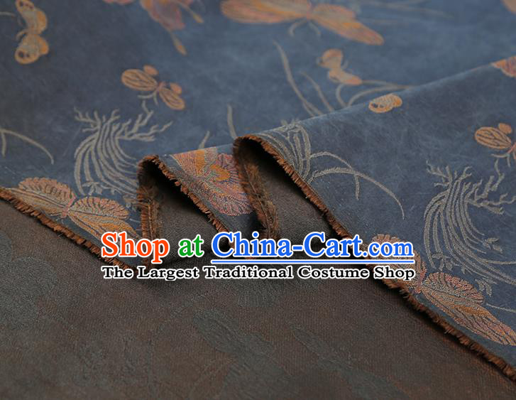 China Traditional Cheongsam Butterfly Orchids Pattern Brocade Fabric Classical Navy Gambiered Guangdong Gauze Drapery