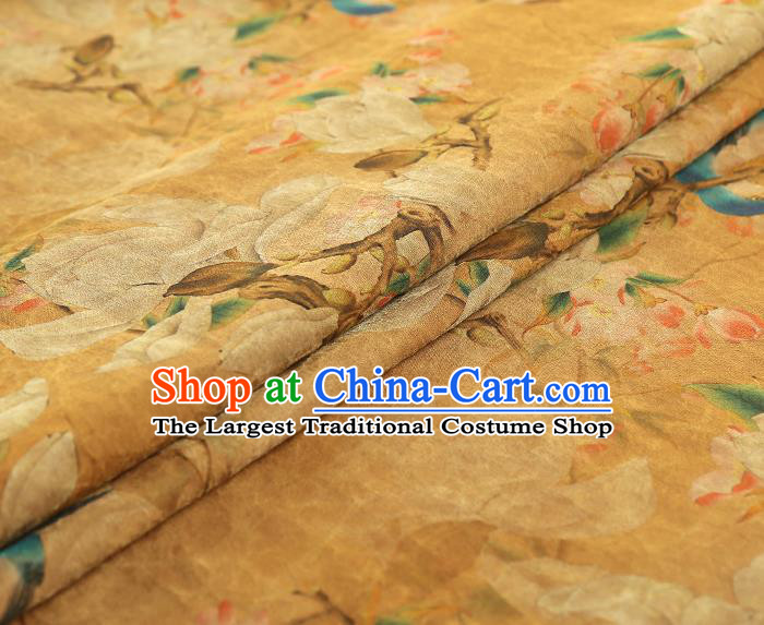 China Traditional Mangnolia Birds Pattern Gambiered Guangdong Gauze Classical Cheongsam Yellow Silk Fabric
