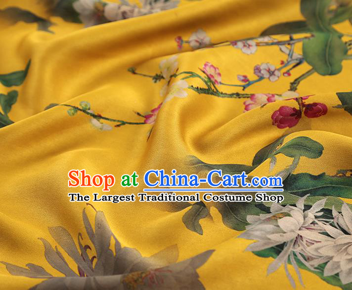 China Traditional Epiphyllum Plum Pattern Yellow Gambiered Guangdong Gauze Classical Cheongsam Silk Fabric