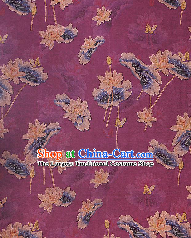 China Gambiered Guangdong Gauze Traditional Lotus Pattern Brocade Classical Cheongsam Purple Silk Fabric