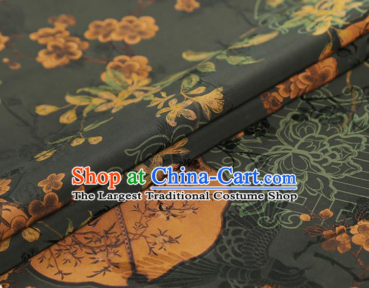 China Traditional Atrovirens Gambiered Guangdong Gauze Drapery Classical Plum Fan Pattern Cheongsam Silk Fabric