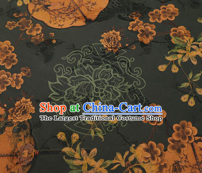 China Traditional Atrovirens Gambiered Guangdong Gauze Drapery Classical Plum Fan Pattern Cheongsam Silk Fabric