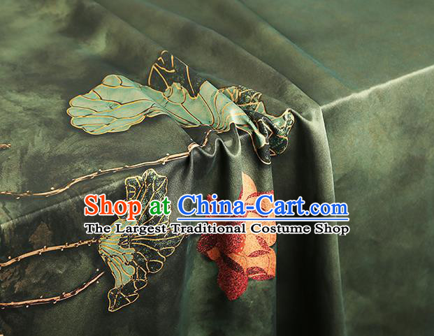 China Traditional Dark Green Brocade Classical Lotus Pattern Qipao Dress Silk Fabric Gambiered Guangdong Gauze