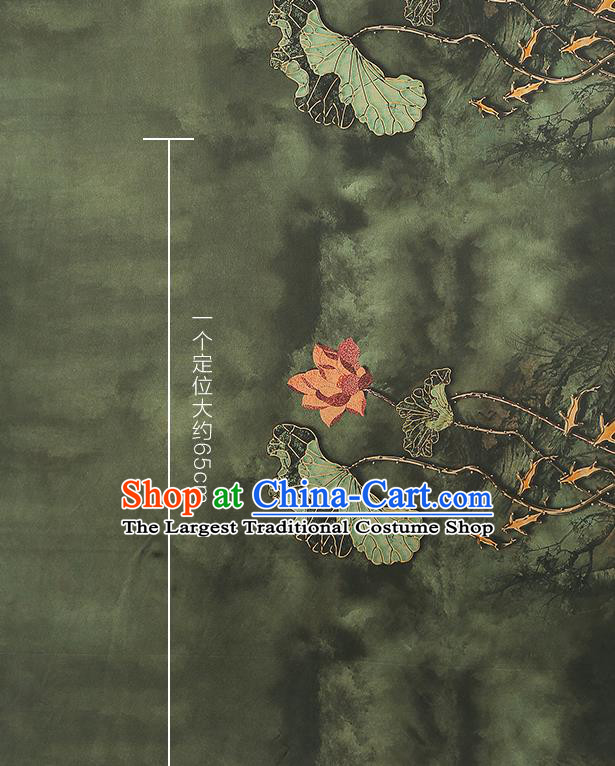China Traditional Dark Green Brocade Classical Lotus Pattern Qipao Dress Silk Fabric Gambiered Guangdong Gauze