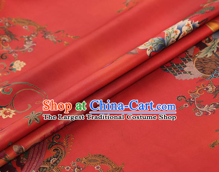 China Gambiered Guangdong Gauze Traditional Red Brocade Classical Flowers Pattern Wedding Dress Silk Fabric