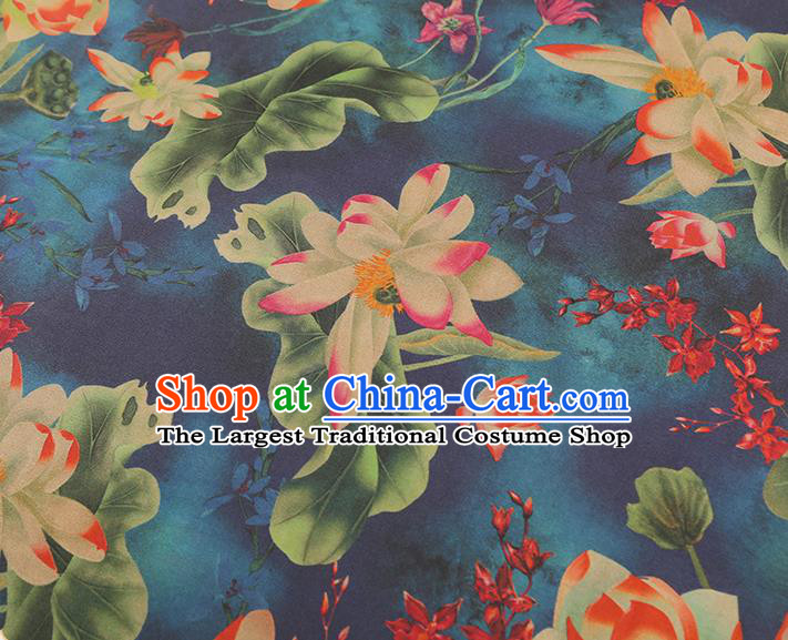 China Classical Lotus Pattern Silk Fabric Traditional Cheongsam Navy Gambiered Guangdong Gauze