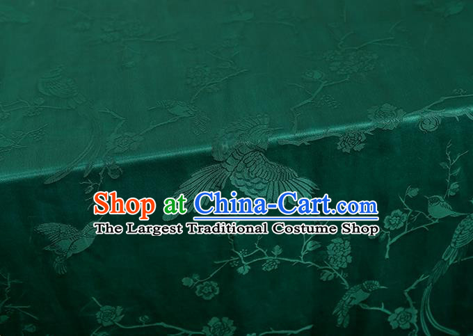 China Traditional Cheongsam Jacquard Gambiered Guangdong Gauze Classical Magpie Plum Pattern Green Silk Fabric
