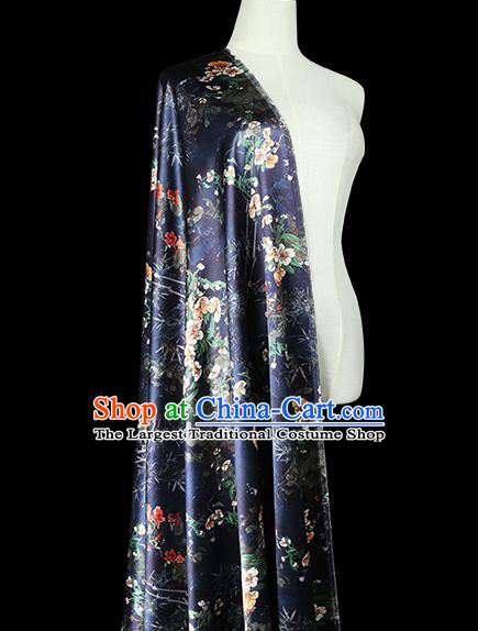 China Classical Cheongsam Printing Pear Blossom Silk Fabric Traditional Qipao Dress Navy Brocade Drapery