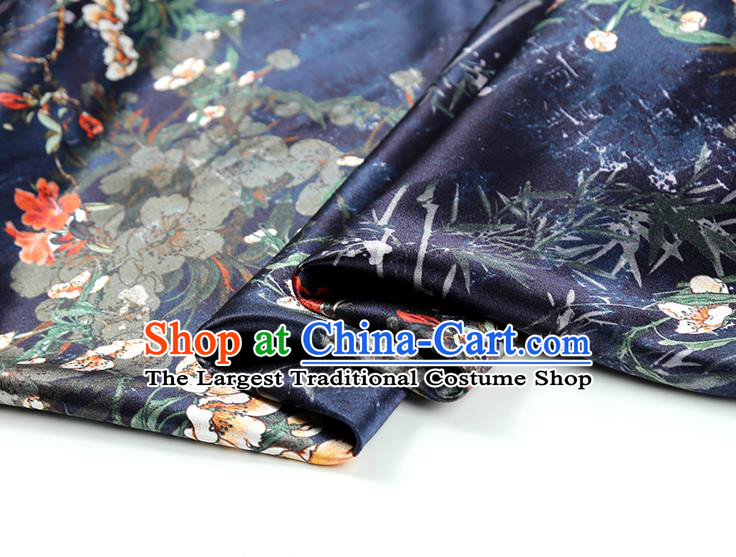 China Classical Cheongsam Printing Pear Blossom Silk Fabric Traditional Qipao Dress Navy Brocade Drapery