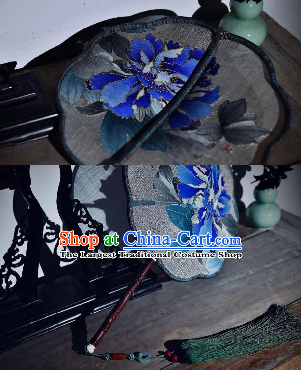China Traditional Silk Fan Ancient Song Dynasty Court Fan Handmade Blue Peony Pattern Palace Fan