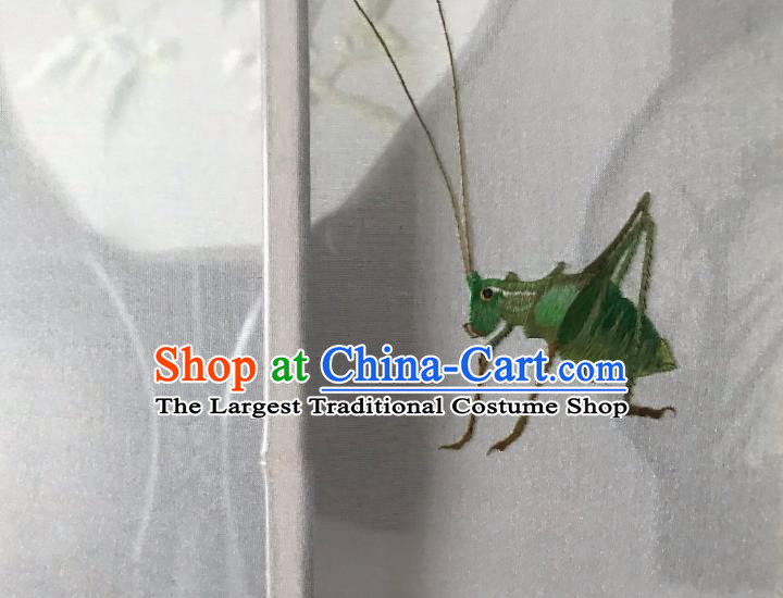 China Traditional Silk Palm Leaf Fan Ancient Ming Dynasty Court Lady Fan Handmade Embroidered Grasshopper Palace Fan