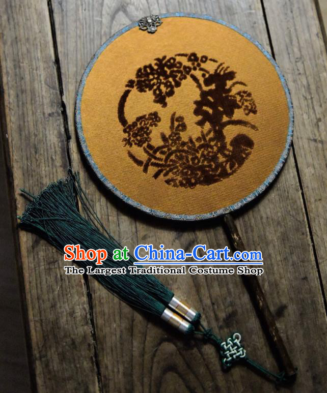 China Traditional Ginger Silk Fan Handmade Palace Fan Ancient Ming Dynasty Court Lady Circular Fan