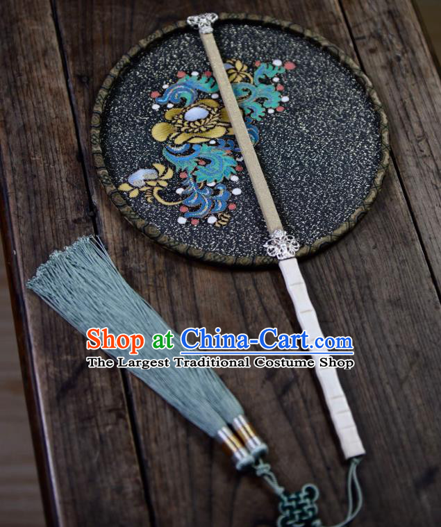China Handmade Palace Fan Ancient Ming Dynasty Court Lady Circular Fan Traditional Black Silk Fan
