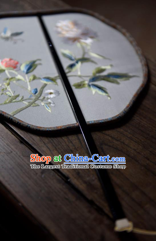 China Traditional Light Grey Silk Fan Handmade Embroidered Butterfly Palace Fan Ancient Song Dynasty Court Fan