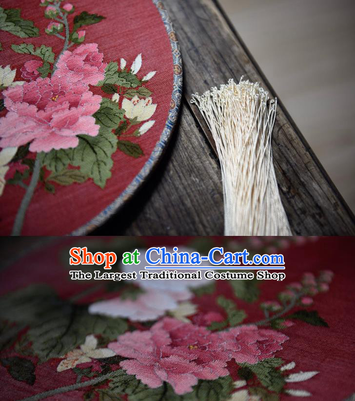 China Traditional Red Silk Fan Handmade Hibiscus Pattern Palace Fan Ancient Song Dynasty Wedding Circular Fan