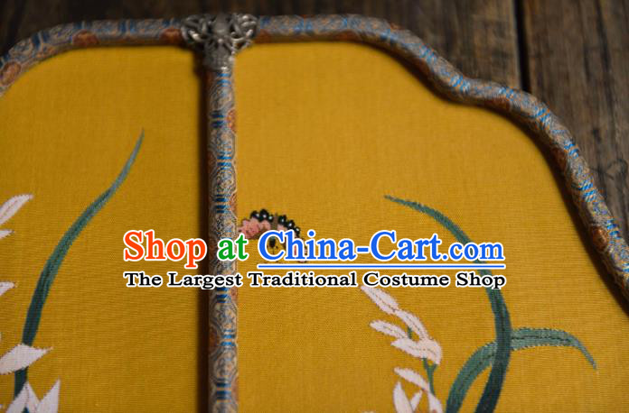 China Handmade Orchids Pattern Palace Fan Ancient Song Dynasty Court Fan Traditional Yellow Silk Fan