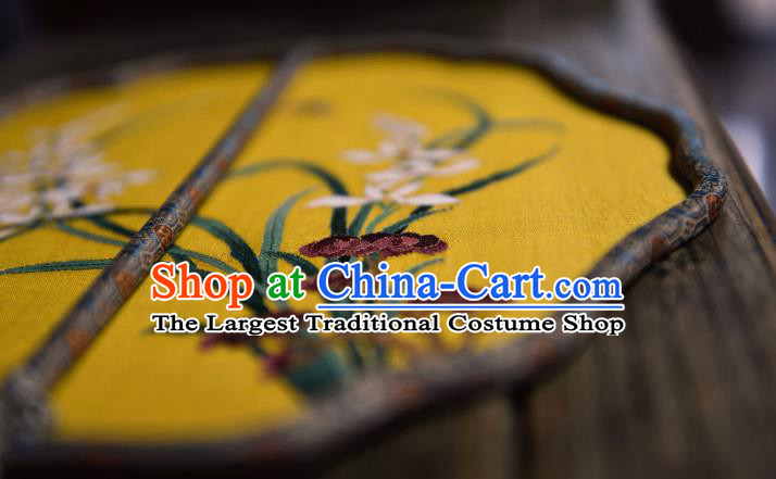 China Handmade Orchids Pattern Palace Fan Ancient Song Dynasty Court Fan Traditional Yellow Silk Fan