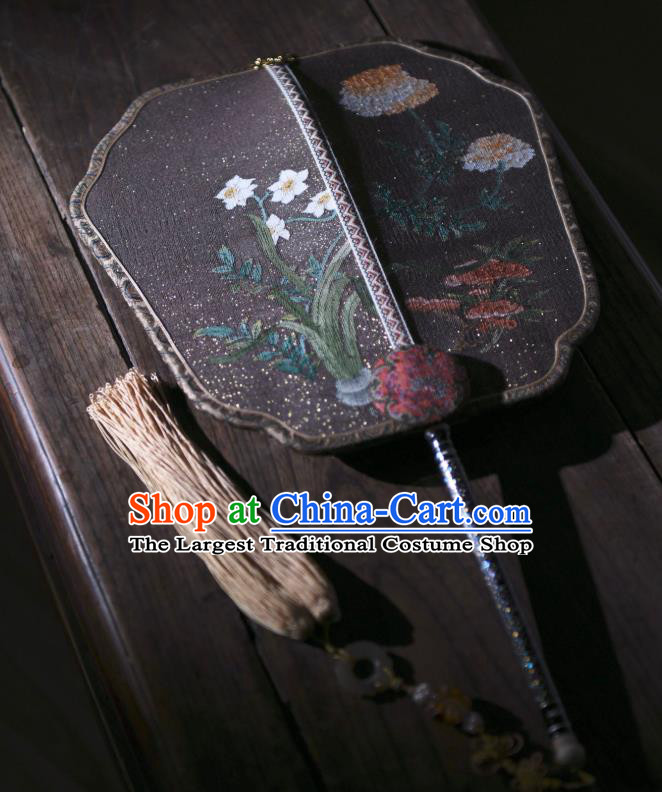 China Traditional Deep Grey Silk Fan Handmade Daffodil Pattern Palace Fan Ancient Song Dynasty Court Fan