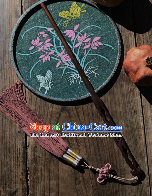 China Traditional Green Silk Fan Ancient Song Dynasty Court Circular Fan Handmade Orchids Pattern Palace Fan