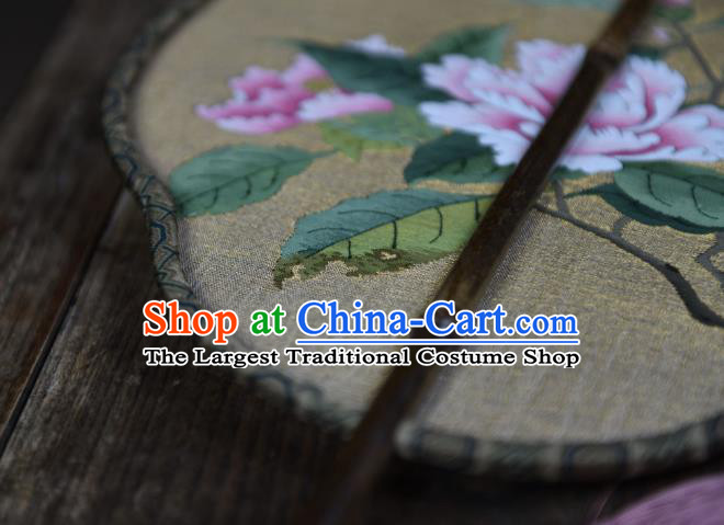 China Handmade Camellia Pattern Palace Fan Ancient Song Dynasty Princess Court Fan Traditional Light Yellow Silk Fan