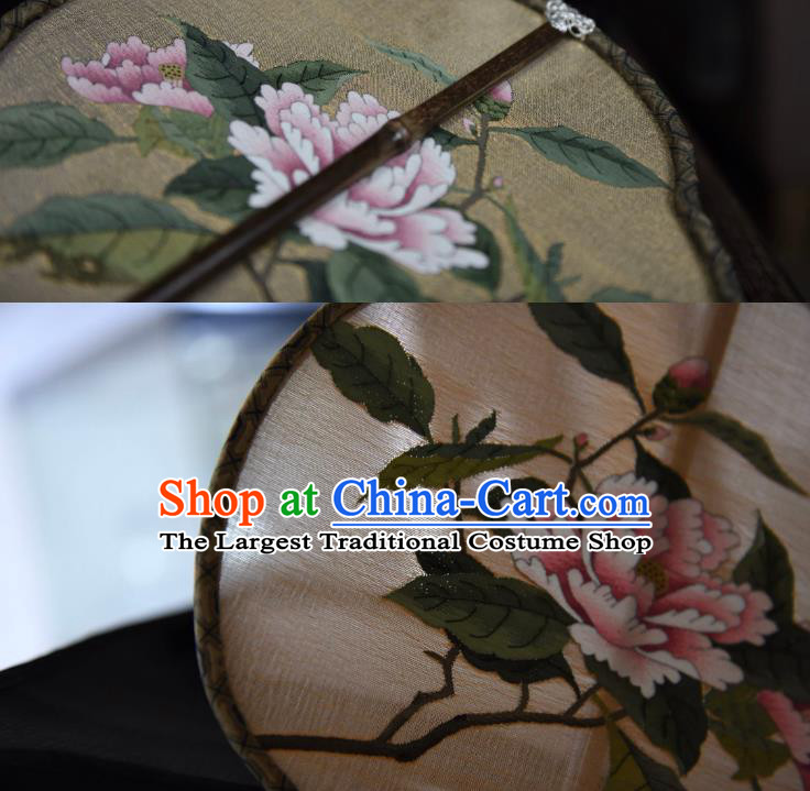 China Handmade Camellia Pattern Palace Fan Ancient Song Dynasty Princess Court Fan Traditional Light Yellow Silk Fan