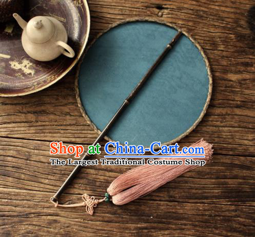 China Ancient Song Dynasty Princess Court Circular Fan Traditional Blue Silk Fan Handmade Lucky Pattern Palace Fan