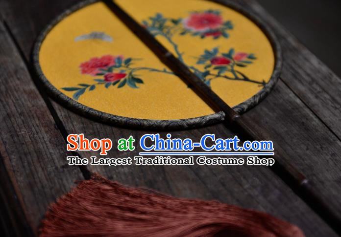 China Handmade Pomegranate Blossom Pattern Palace Fan Ancient Princess Court Circular Fan Traditional Golden Silk Fan
