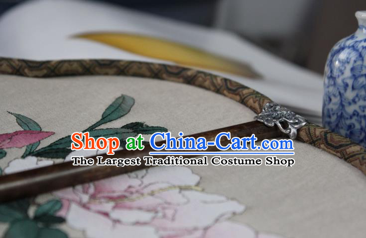 China Traditional Silk Begonia Fan Handmade Azalea Pattern Palace Fan Ancient Princess Court Fan