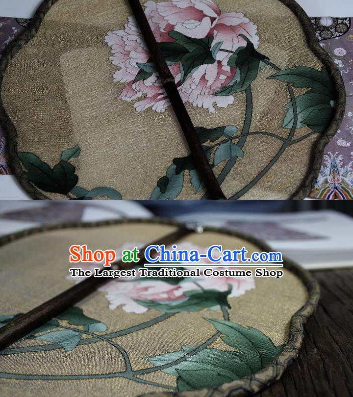 China Ancient Princess Court Fan Traditional Light Yellow Silk Fan Handmade Peony Pattern Palace Fan