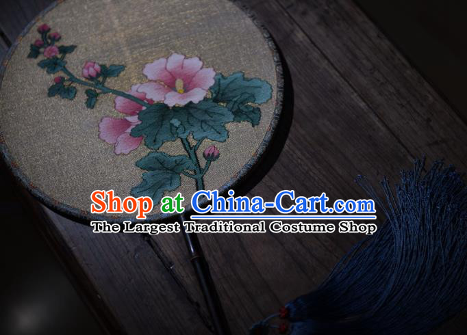 China Handmade Hollyhock Flowers Pattern Palace Fan Ancient Princess Court Fan Traditional Beige Silk Circular Fan
