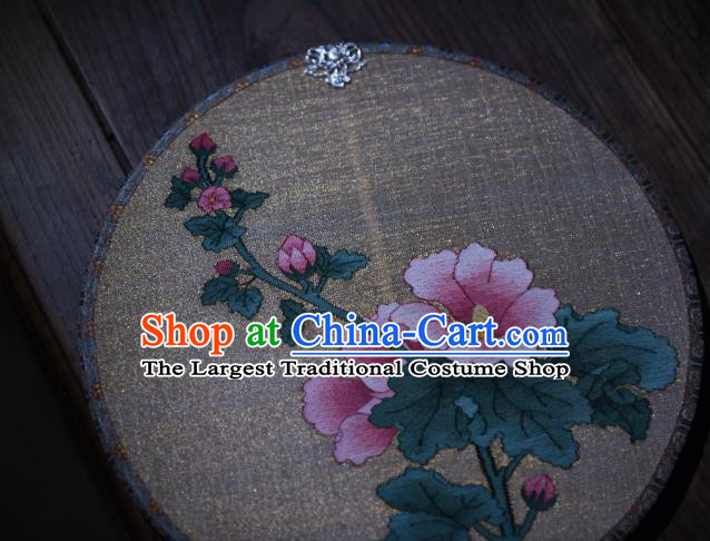 China Handmade Hollyhock Flowers Pattern Palace Fan Ancient Princess Court Fan Traditional Beige Silk Circular Fan