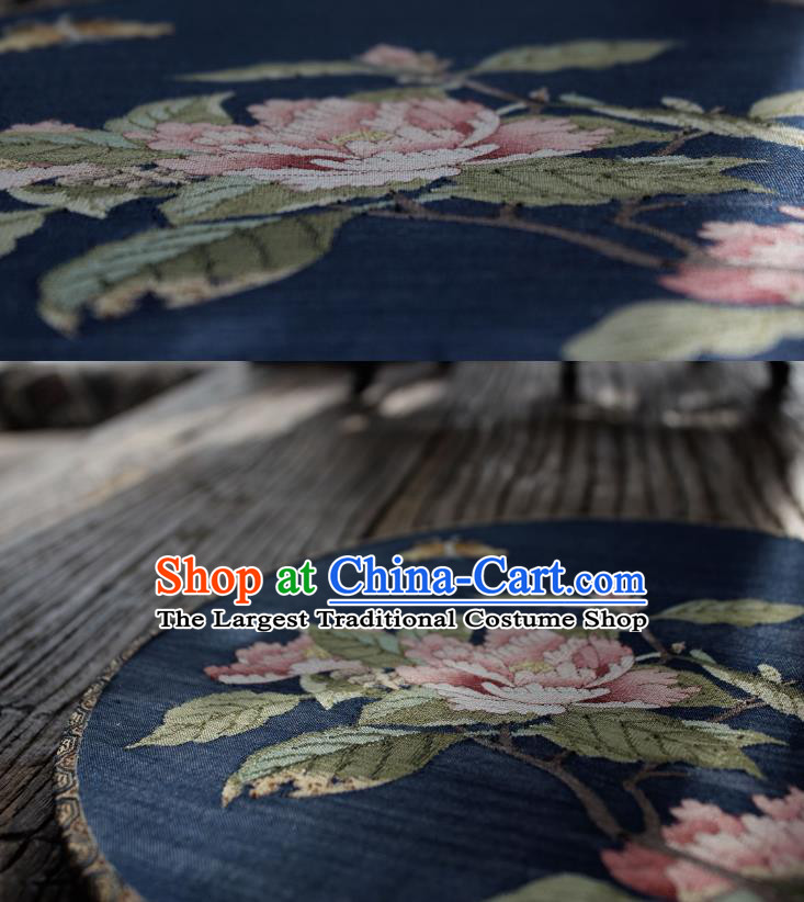 China Handmade Camellia Pattern Palace Fan Ancient Song Dynasty Princess Circular Fan Traditional Navy Silk Fan