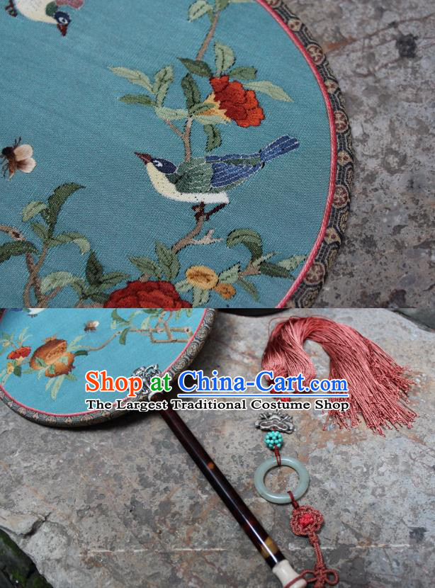 China Handmade Pomegranate Bird Pattern Blue Silk Fan Ancient Song Dynasty Princess Palace Fan Traditional Circular Fan
