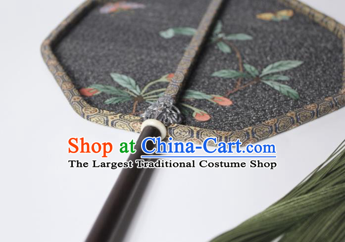 China Traditional Octagon Fan Handmade Butterfly Flower Pattern Black Silk Fan Ancient Court Beauty Palace Fan