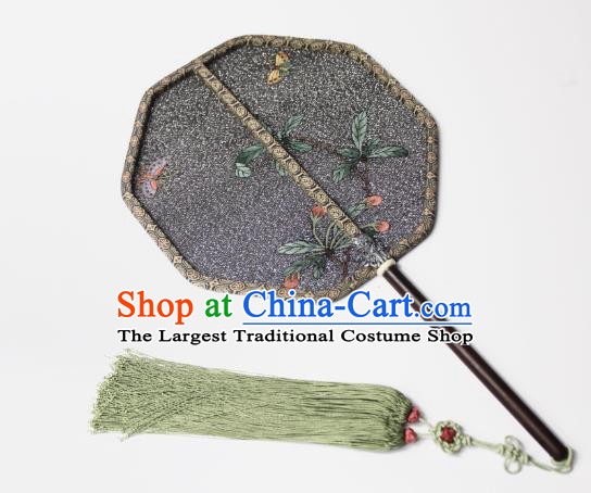 China Traditional Octagon Fan Handmade Butterfly Flower Pattern Black Silk Fan Ancient Court Beauty Palace Fan