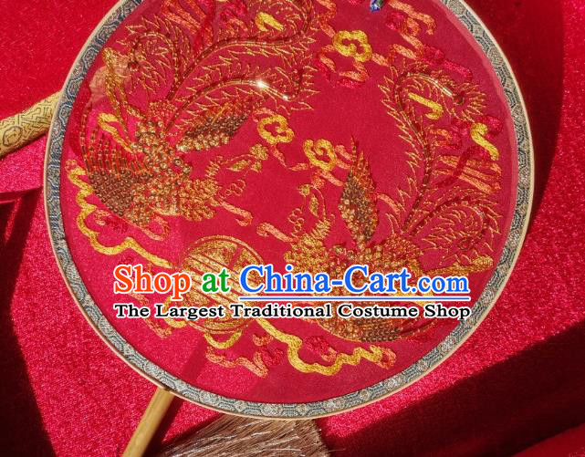 China Traditional Wedding Red Silk Fan Handmade Palace Fan Bride Embroidered Sequins Phoenix Circular Fan