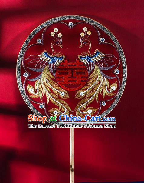 China Embroidered Sequins Phoenix Fan Handmade Bride Palace Fan Traditional Xiuhe Suit Red Silk Circular Fan