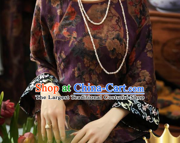 China Purple Gambiered Guangdong Gauze Upper Outer Garment Traditional Women Tang Suit Shirt