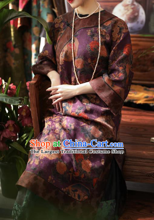 Asian Chinese Traditional Qing Dynasty Woman Qipao Dress Classical Purple Gambiered Guangdong Gauze Cheongsam