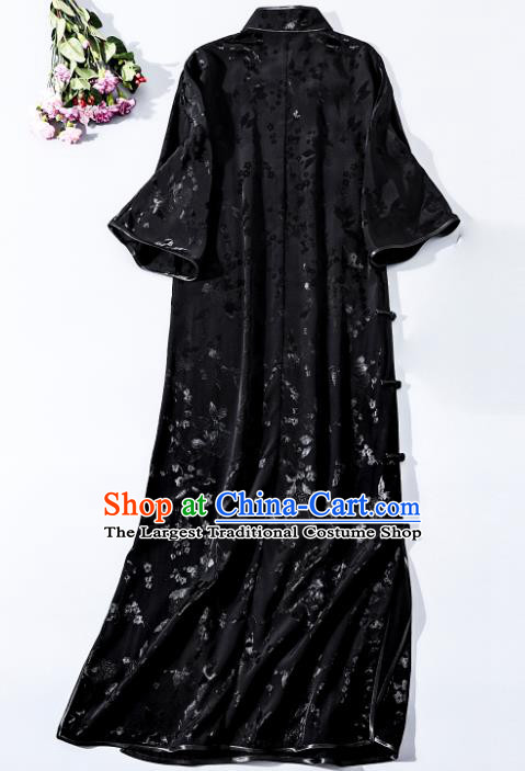 Asian Chinese Classical Black Silk Cheongsam National Shanghai Beauty Clothing Traditional Jacquard Qipao Dress