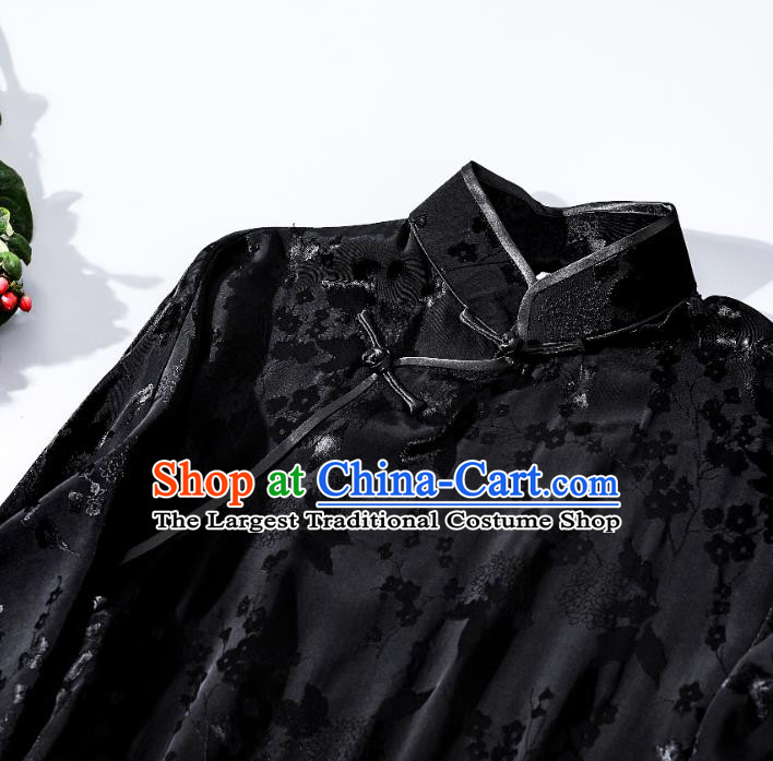 Asian Chinese Classical Black Silk Cheongsam National Shanghai Beauty Clothing Traditional Jacquard Qipao Dress